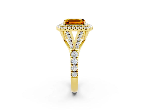 Yellow gold Double Halo Emerald Cut Citrine Split Shank Engagement Ring with Four-Prong Setting