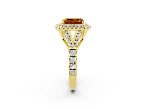 Yellow gold Double Halo Emerald Cut Citrine Split Shank Engagement Ring with Four-Prong Setting_2