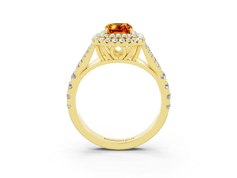 Yellow gold Double Halo Emerald Cut Citrine Split Shank Engagement Ring with Four-Prong Setting_3
