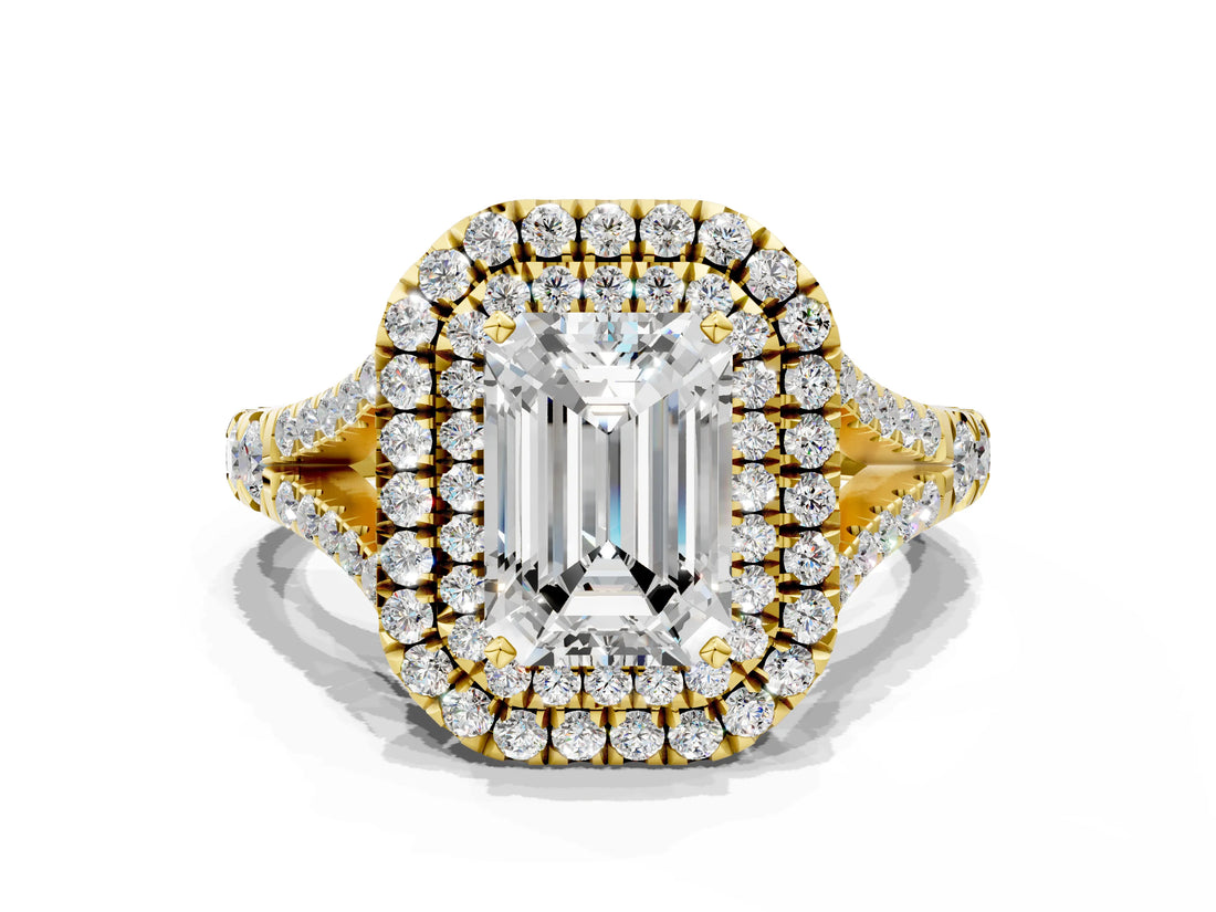 Yellow gold Double Halo Emerald Cut Diamond Split Shank Engagement Ring with Four-Prong Setting_7