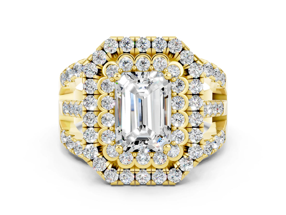 Yellow gold Double Halo Emerald Cut Diamond Split Shank Pave Set Ring