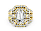 Yellow gold Double Halo Emerald Cut Diamond Split Shank Pave Set Ring