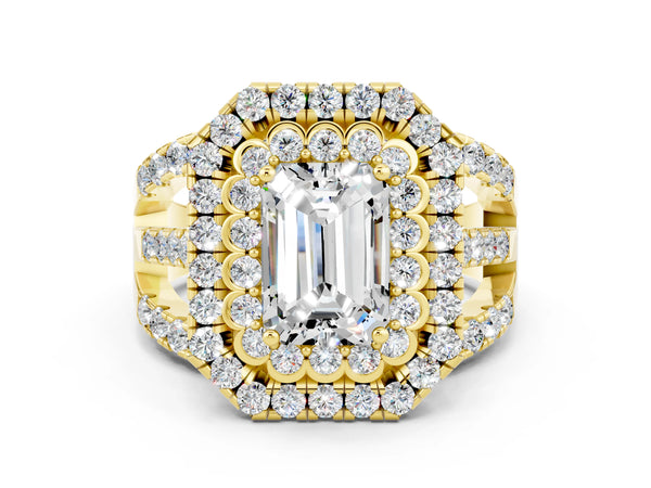 Yellow gold Emerald Cut Moissanite Double Halo Ring with Round Pavé Split Shank and Prong Setting