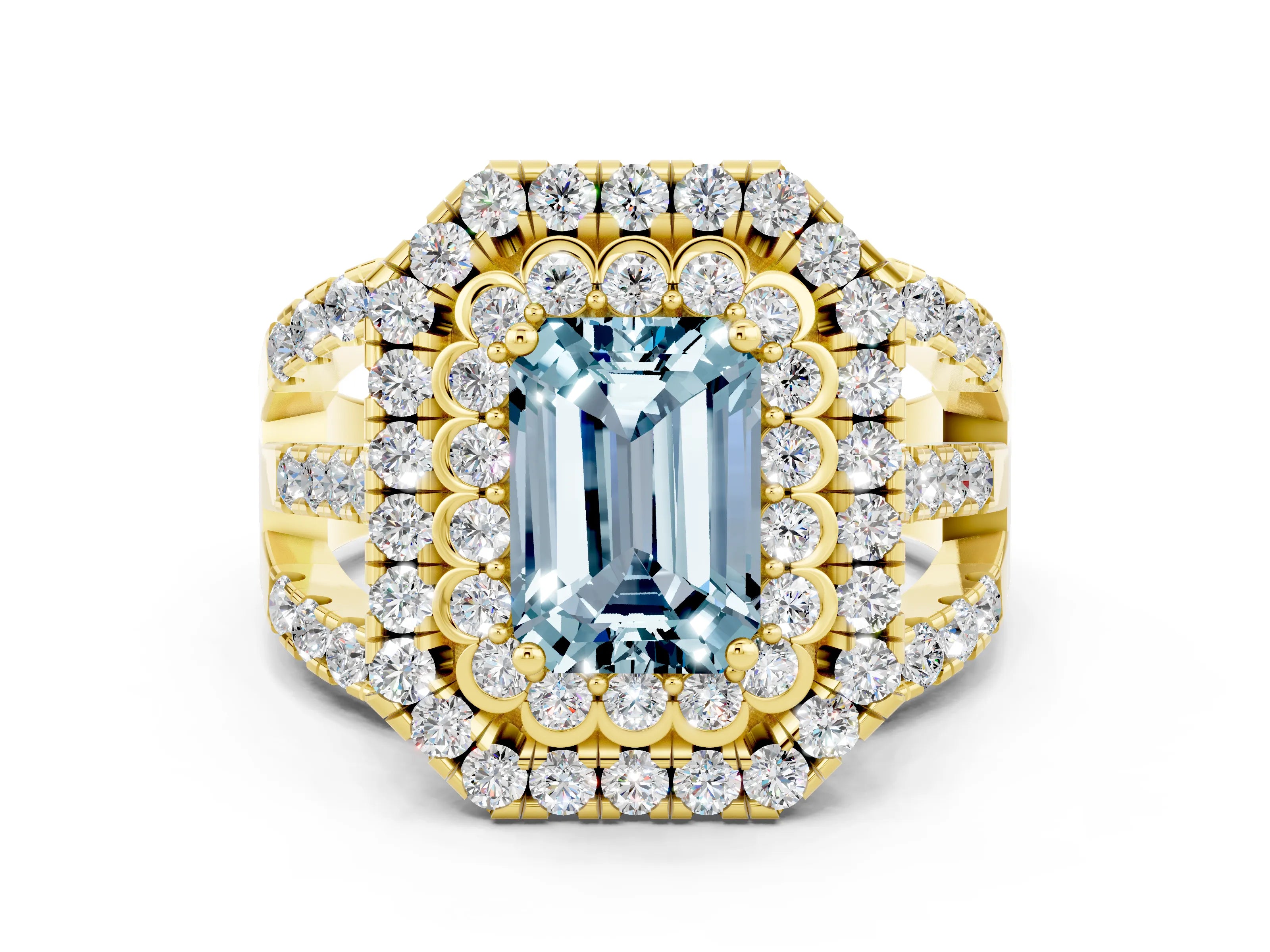 Yellow gold Double Halo Emerald Cut Diamond Split Shank Pave Set Ring