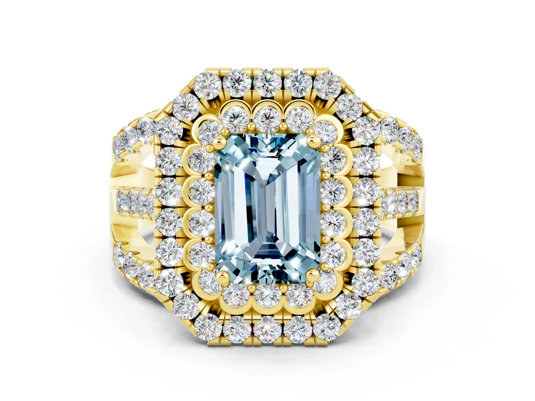 Yellow gold Double Halo Emerald Cut Diamond Split Shank Pave Set Ring