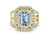 Yellow gold Double Halo Emerald Cut Diamond Split Shank Pave Set Ring
