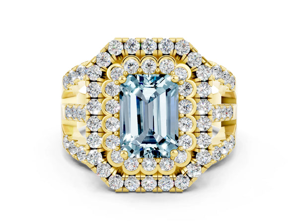 Yellow gold Emerald Cut Aquamarine Double Halo Ring with Round Pavé Split Shank and Prong Setting