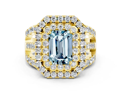 Yellow gold Double Halo Emerald Cut Diamond Split Shank Pave Set Ring