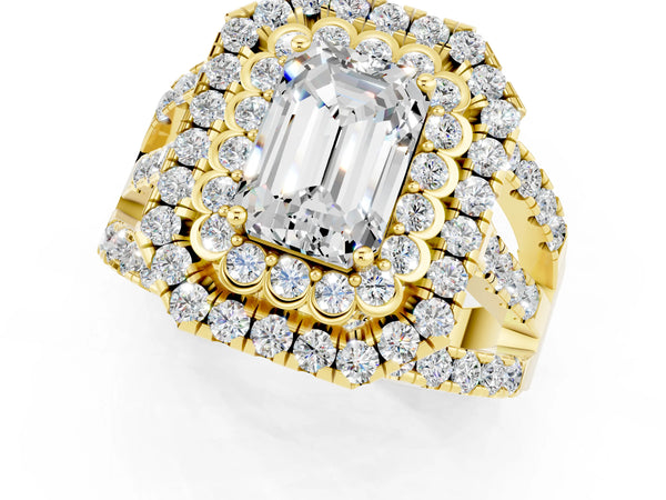 Yellow gold Emerald Cut Moissanite Double Halo Ring with Round Pavé Split Shank and Prong Setting