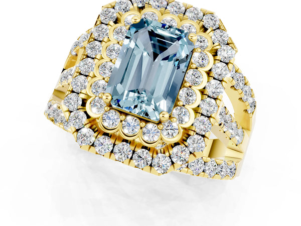 Yellow gold Emerald Cut Aquamarine Double Halo Ring with Round Pavé Split Shank and Prong Setting