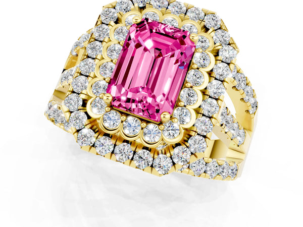 Yellow gold Emerald Cut Pink Sapphire Double Halo Ring with Round Pavé Split Shank and Prong Setting