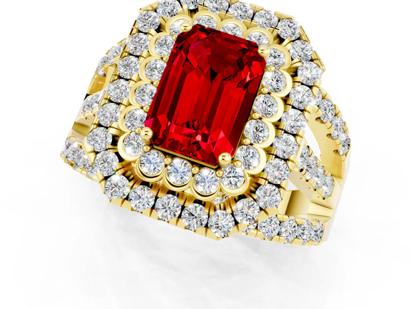 Yellow gold Double Halo Emerald Cut Diamond Split Shank Pave Set Ring
