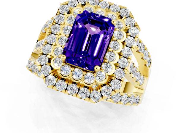 Yellow gold Emerald Cut Tanzanite Double Halo Ring with Round Pavé Split Shank and Prong Setting