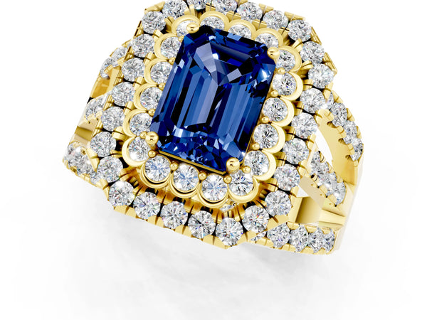 Yellow gold Double Halo Emerald Cut Diamond Split Shank Pave Set Ring