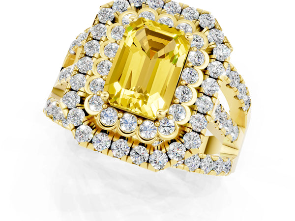 Yellow gold Emerald Cut Yellow Sapphire Double Halo Ring with Round Pavé Split Shank and Prong Setting