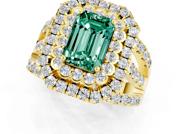 Yellow gold Emerald Cut Green Sapphire Double Halo Ring with Round Pavé Split Shank and Prong Setting