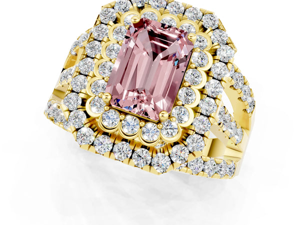 Yellow gold Double Halo Emerald Cut Diamond Split Shank Pave Set Ring