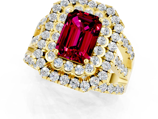 Yellow gold Emerald Cut Garnet Double Halo Ring with Round Pavé Split Shank and Prong Setting