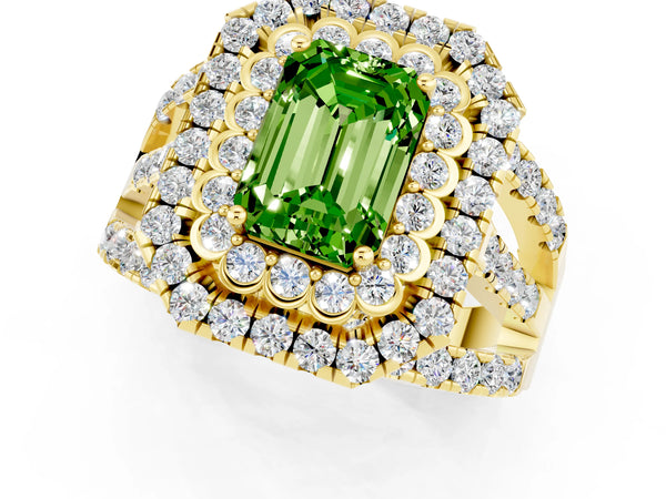 Yellow gold Double Halo Emerald Cut Diamond Split Shank Pave Set Ring