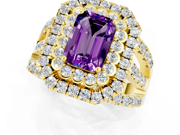 Yellow gold Emerald Cut Amethyst Double Halo Ring with Round Pavé Split Shank and Prong Setting