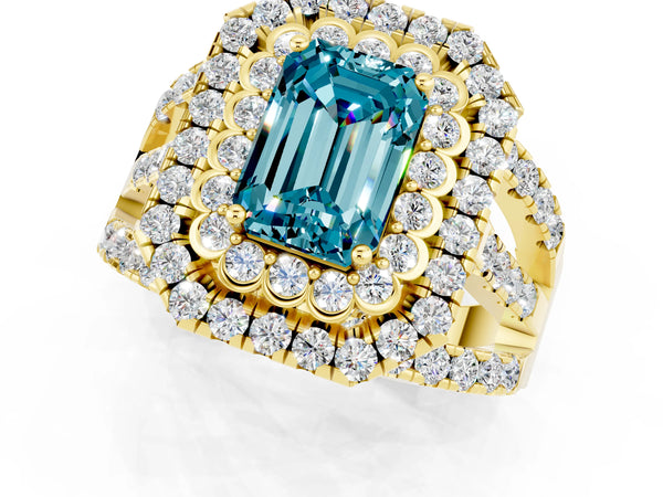 Yellow gold Double Halo Emerald Cut Diamond Split Shank Pave Set Ring