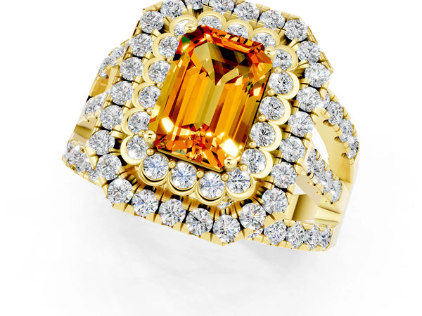 Yellow gold Emerald Cut Citrine Double Halo Ring with Round Pavé Split Shank and Prong Setting