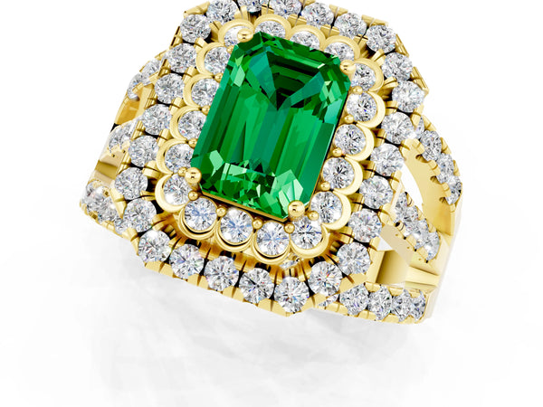 Yellow gold Emerald Cut Emerald Double Halo Ring with Round Pavé Split Shank and Prong Setting