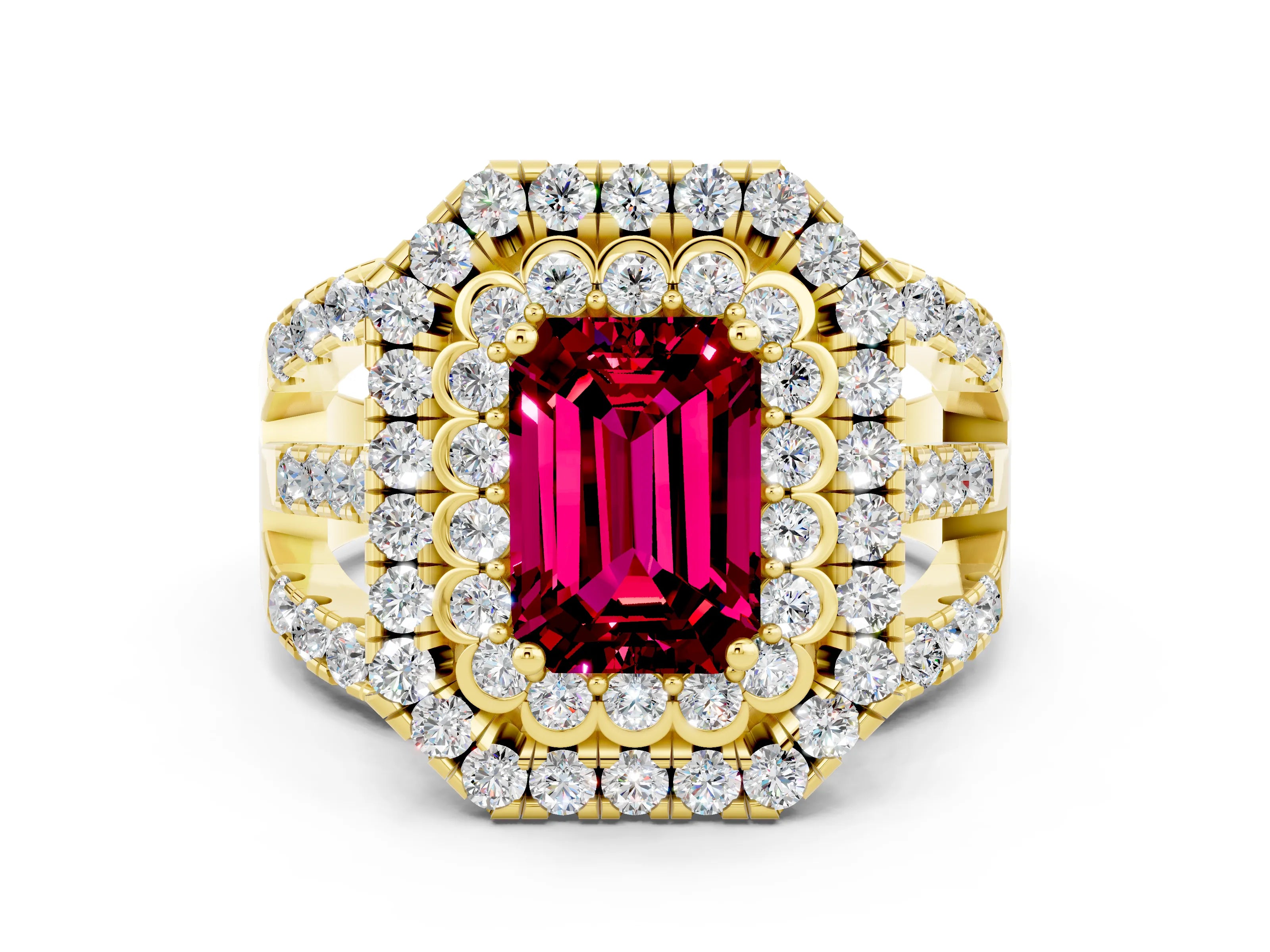Yellow gold Double Halo Emerald Cut Diamond Split Shank Pave Set Ring