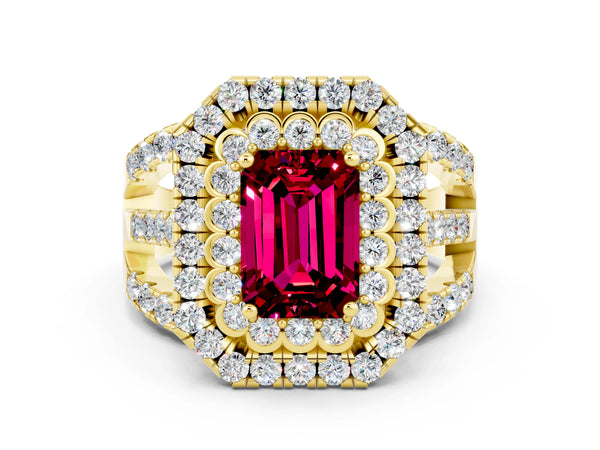 Yellow gold Emerald Cut Garnet Double Halo Ring with Round Pavé Split Shank and Prong Setting
