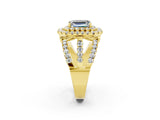 Yellow gold Double Halo Emerald Cut Diamond Split Shank Pave Set Ring_2