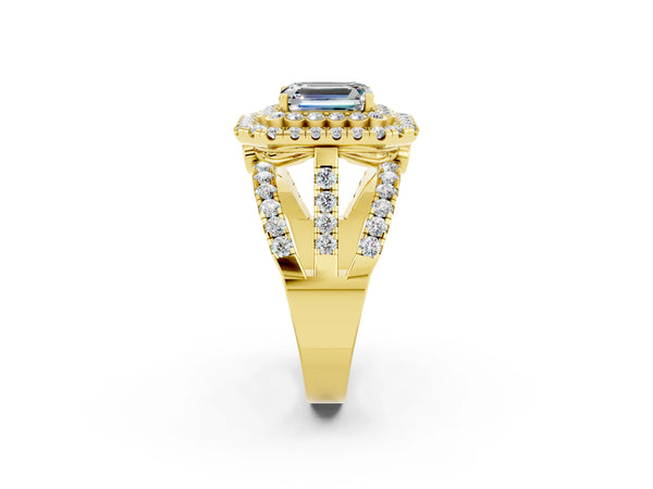 Yellow gold Emerald Cut Moissanite Double Halo Ring with Round Pavé Split Shank and Prong Setting