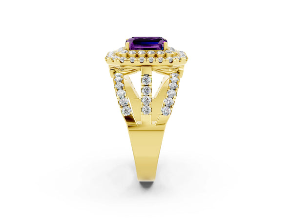 Yellow gold Emerald Cut Amethyst Double Halo Ring with Round Pavé Split Shank and Prong Setting