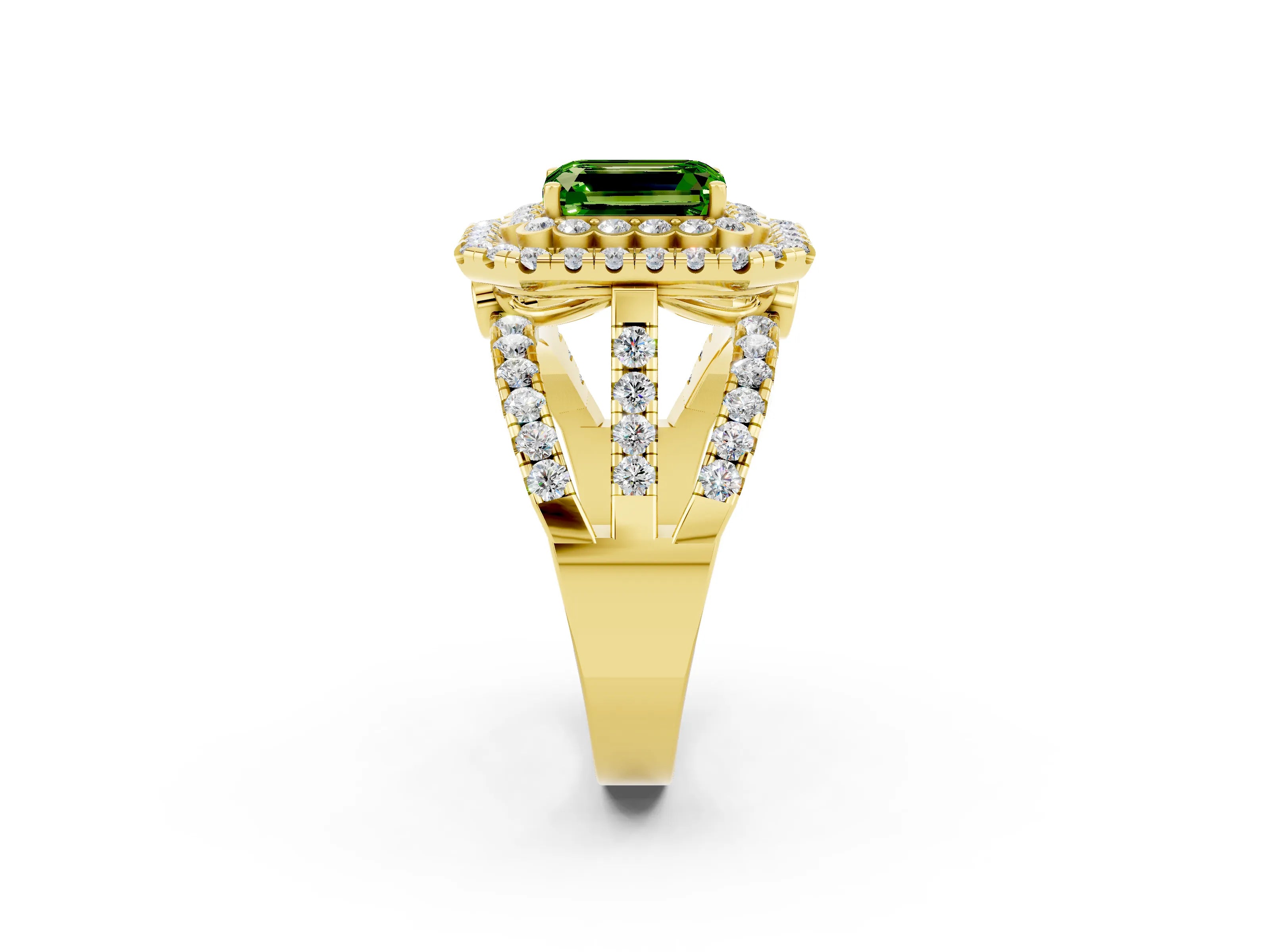 Yellow gold Double Halo Emerald Cut Diamond Split Shank Pave Set Ring_2