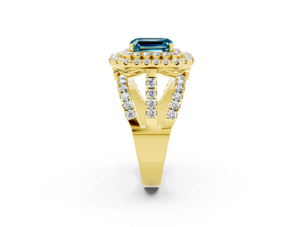 Yellow gold Double Halo Emerald Cut Diamond Split Shank Pave Set Ring