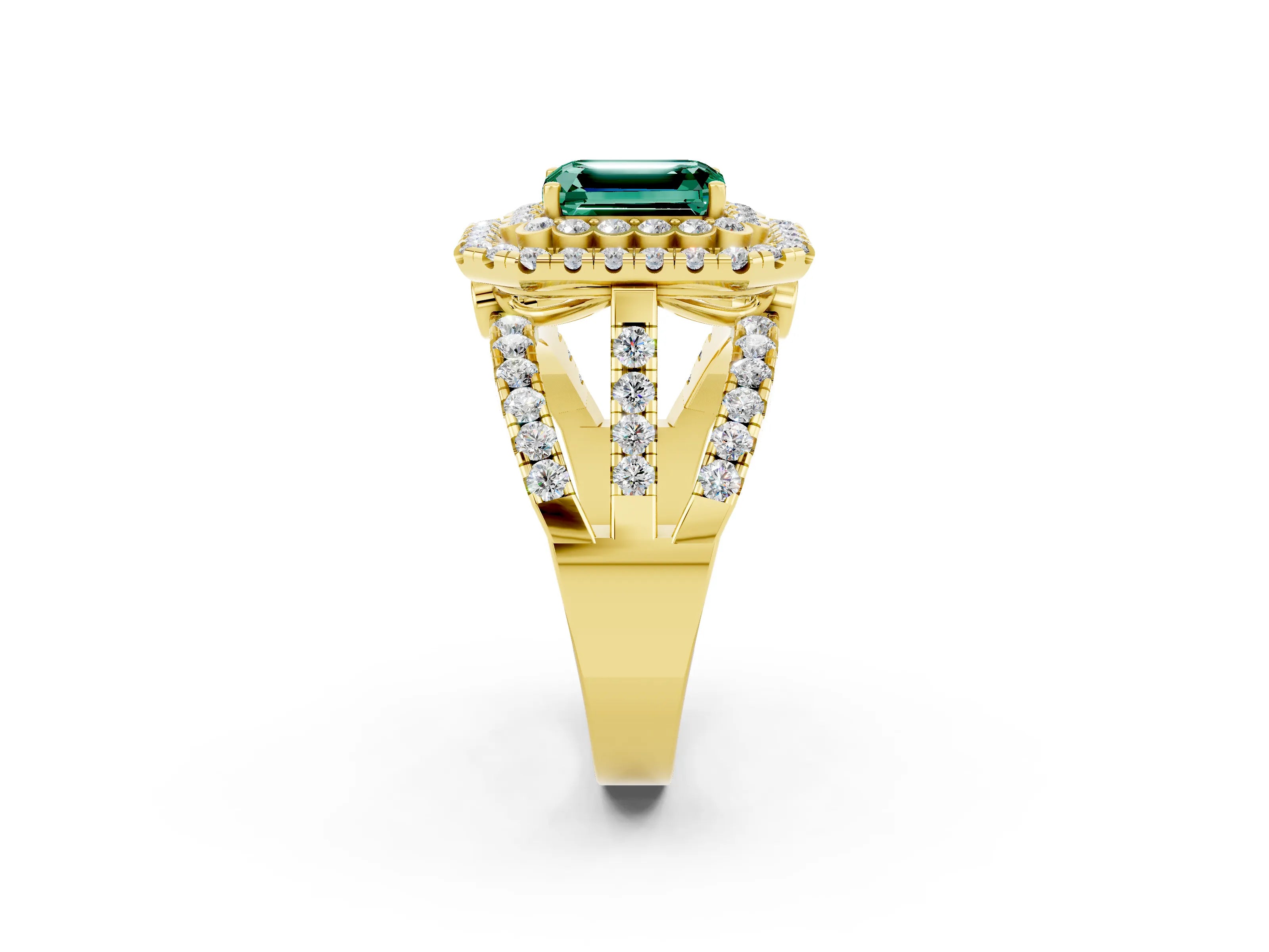 Yellow gold Double Halo Emerald Cut Diamond Split Shank Pave Set Ring_2