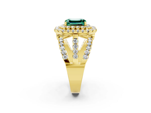 Yellow gold Emerald Cut Green Sapphire Double Halo Ring with Round Pavé Split Shank and Prong Setting