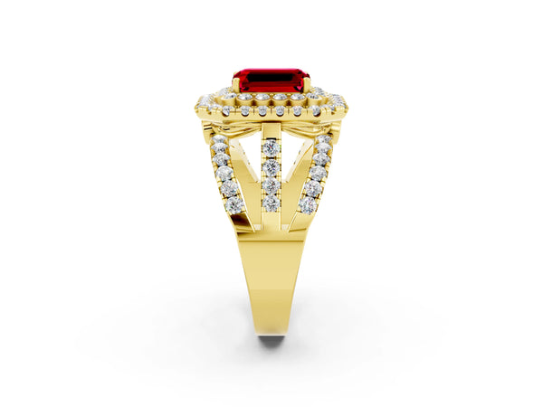 Yellow gold Double Halo Emerald Cut Diamond Split Shank Pave Set Ring