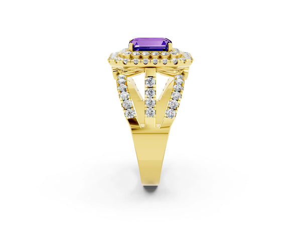 Yellow gold Emerald Cut Tanzanite Double Halo Ring with Round Pavé Split Shank and Prong Setting