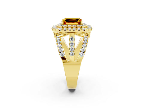 Yellow gold Double Halo Emerald Cut Diamond Split Shank Pave Set Ring_2