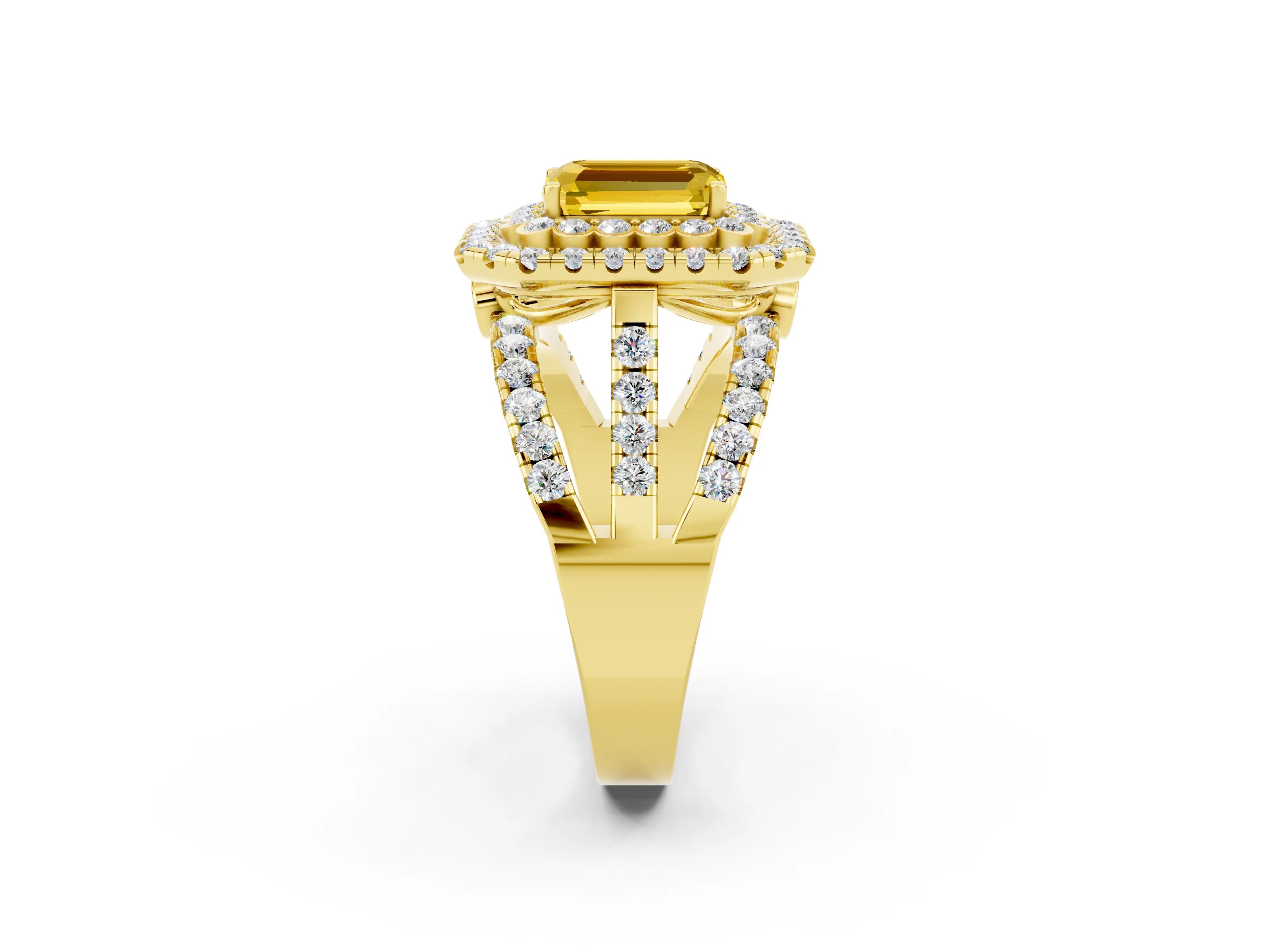 Yellow gold Double Halo Emerald Cut Diamond Split Shank Pave Set Ring_2