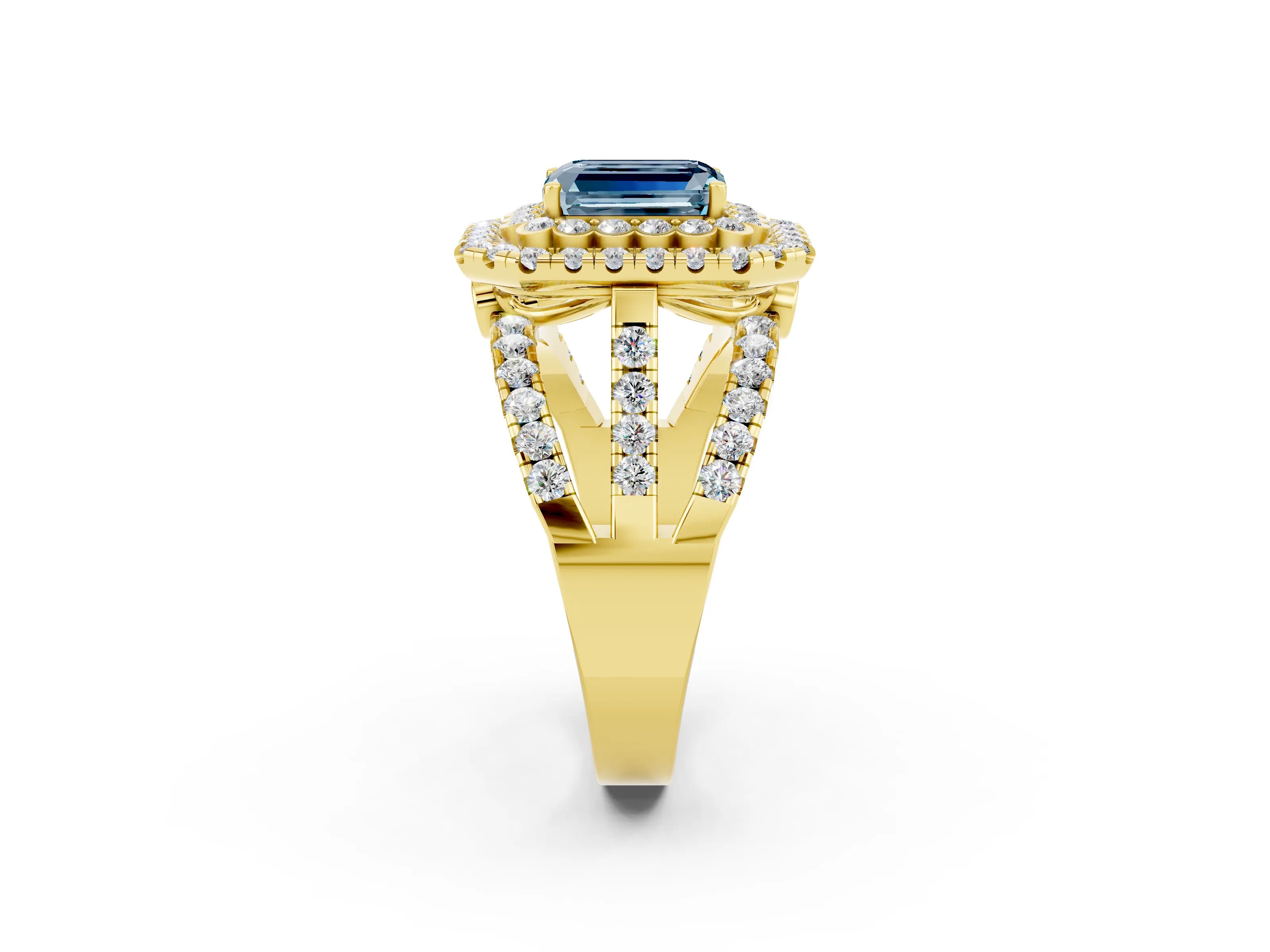 Yellow gold Double Halo Emerald Cut Diamond Split Shank Pave Set Ring_2