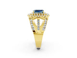 Yellow gold Double Halo Emerald Cut Diamond Split Shank Pave Set Ring_2