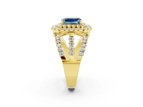 Yellow gold Emerald Cut Aquamarine Double Halo Ring with Round Pavé Split Shank and Prong Setting