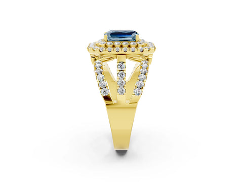 Yellow gold Double Halo Emerald Cut Diamond Split Shank Pave Set Ring_2
