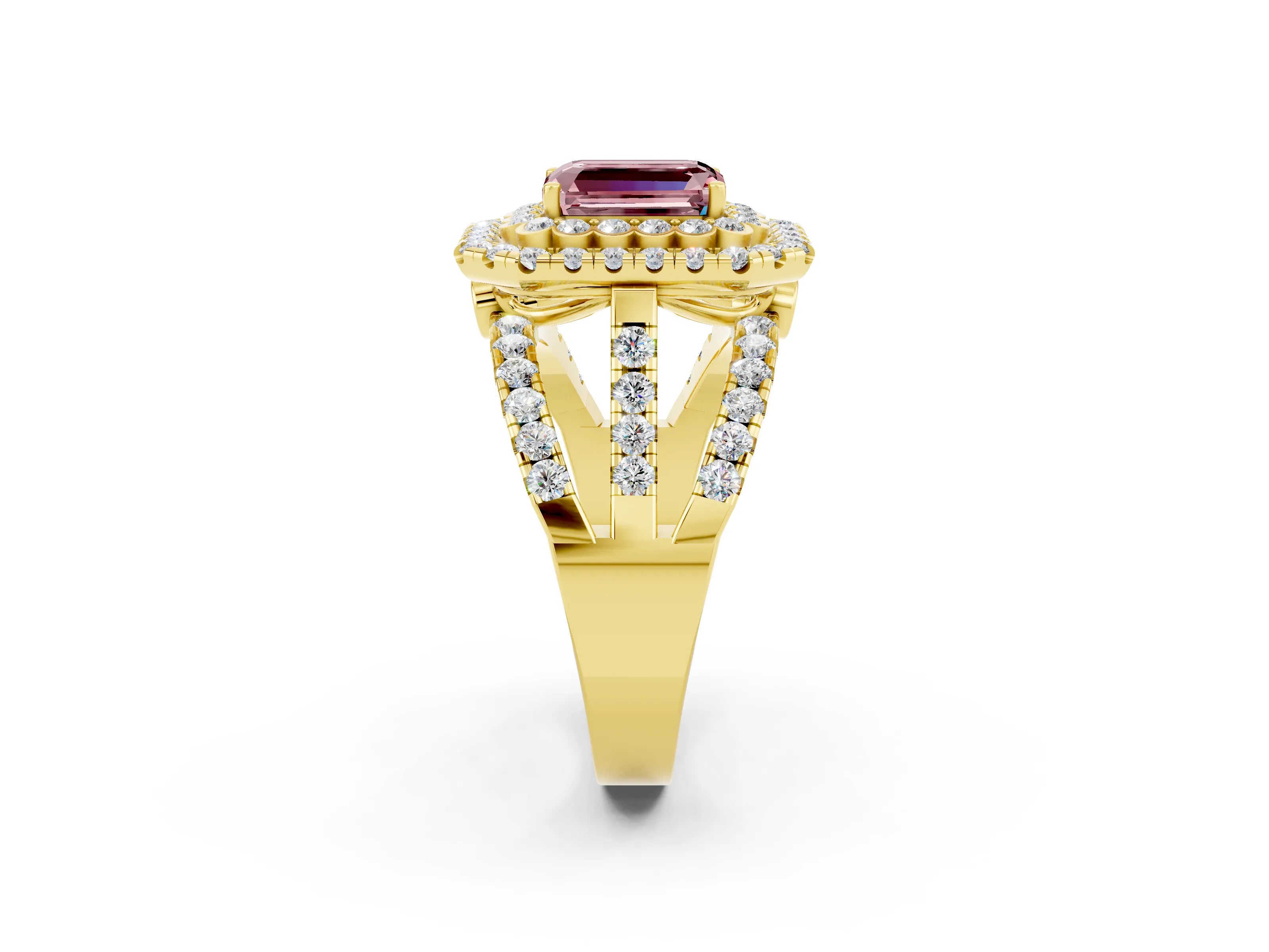 Yellow gold Double Halo Emerald Cut Diamond Split Shank Pave Set Ring_2