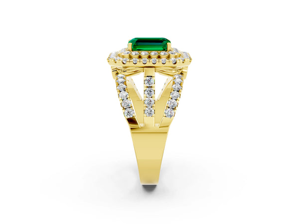 Yellow gold Emerald Cut Emerald Double Halo Ring with Round Pavé Split Shank and Prong Setting
