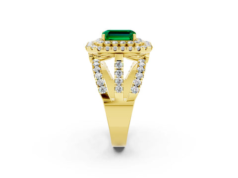 Yellow gold Double Halo Emerald Cut Diamond Split Shank Pave Set Ring_2