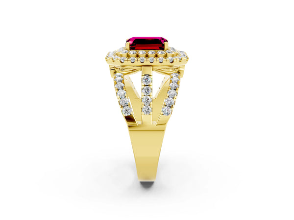 Yellow gold Emerald Cut Garnet Double Halo Ring with Round Pavé Split Shank and Prong Setting