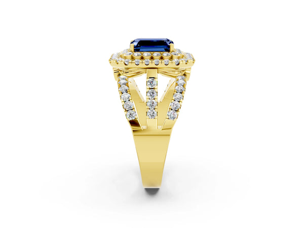Yellow gold Double Halo Emerald Cut Diamond Split Shank Pave Set Ring