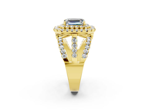 Yellow gold Double Halo Emerald Cut Diamond Split Shank Pave Set Ring_2